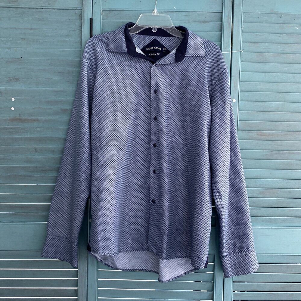 Silver Stone Men's Button Down Shirt ~ Sz XXL ~ Blue & White ~ Long Sleeve